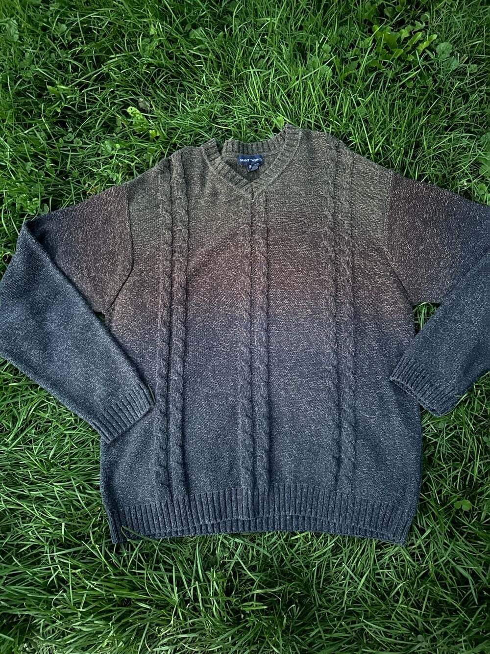 Grant Thomas Ombre Fade Cable Knit V-Neck Cotton Mens Sweater